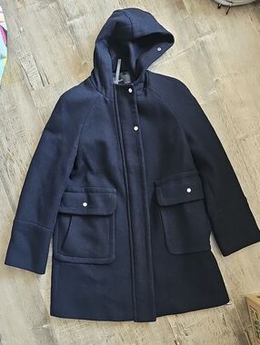 Zara Woman Navy Hooded Wool-Blend Coat